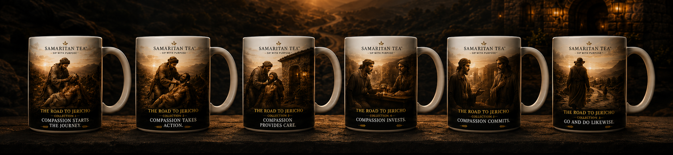 Six Road to Jericho collection mugs in story order